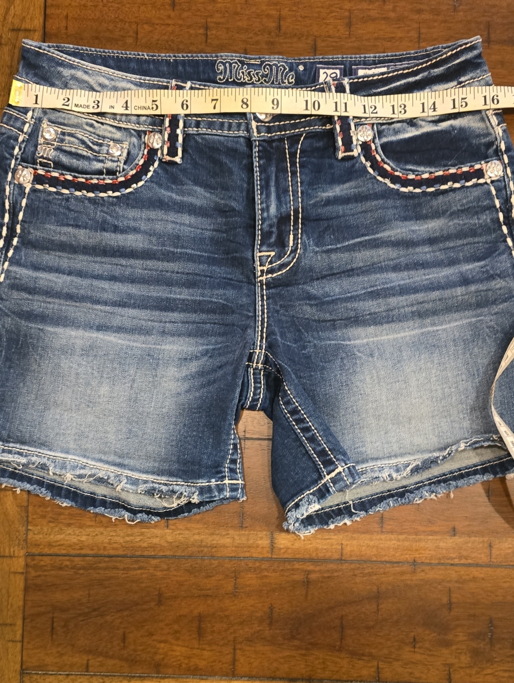 Miss Me Distressed Blue Denim Shorts with Braided Trim - Picture 4 of 8